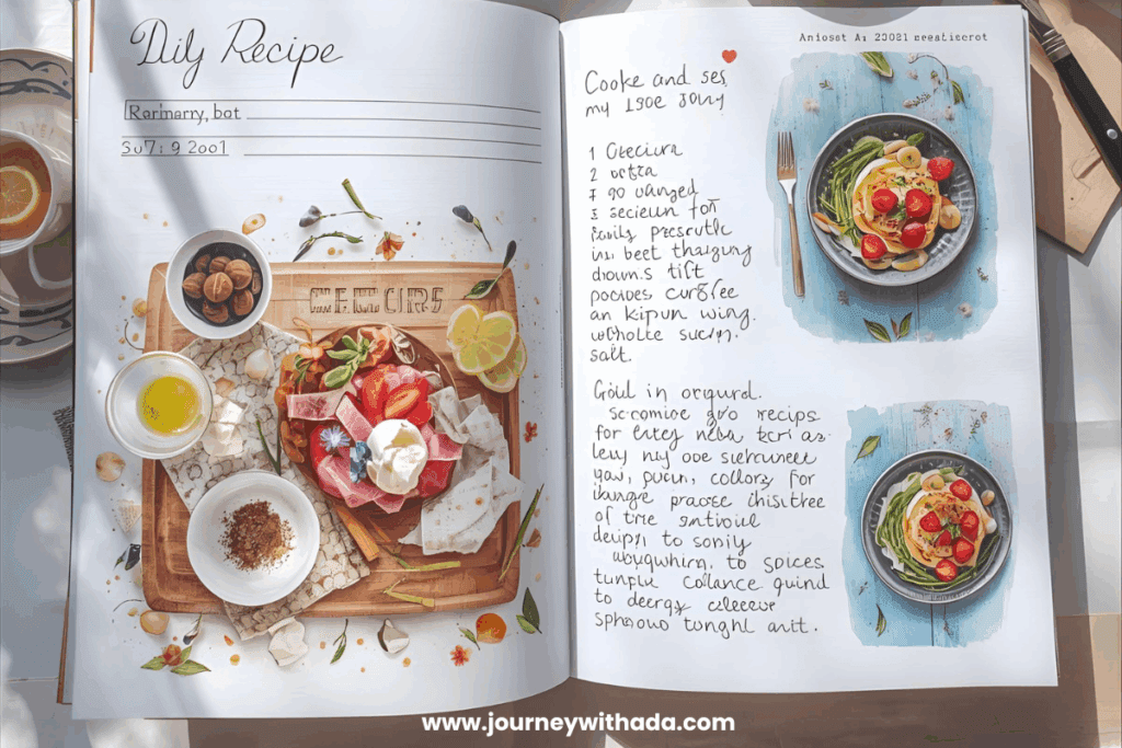 Handmade recipe book open to show handwritten family recipes with photos and personal notes"